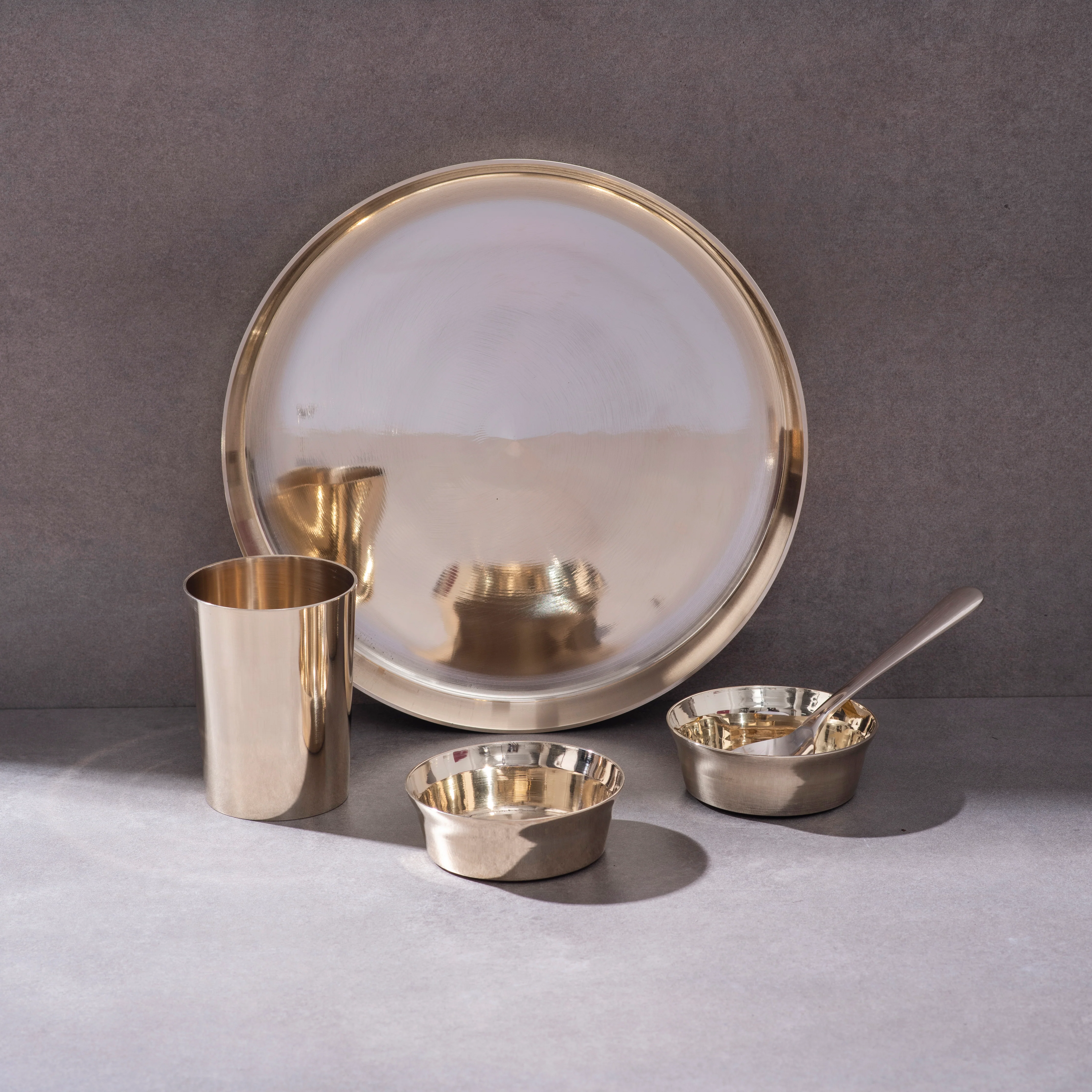 Bronze (Kansa) high hipped plate (Thaali) Set 10.5" - 5 pieces (1 Thaali, 2 bowls, 1 glass, 1 spoon)