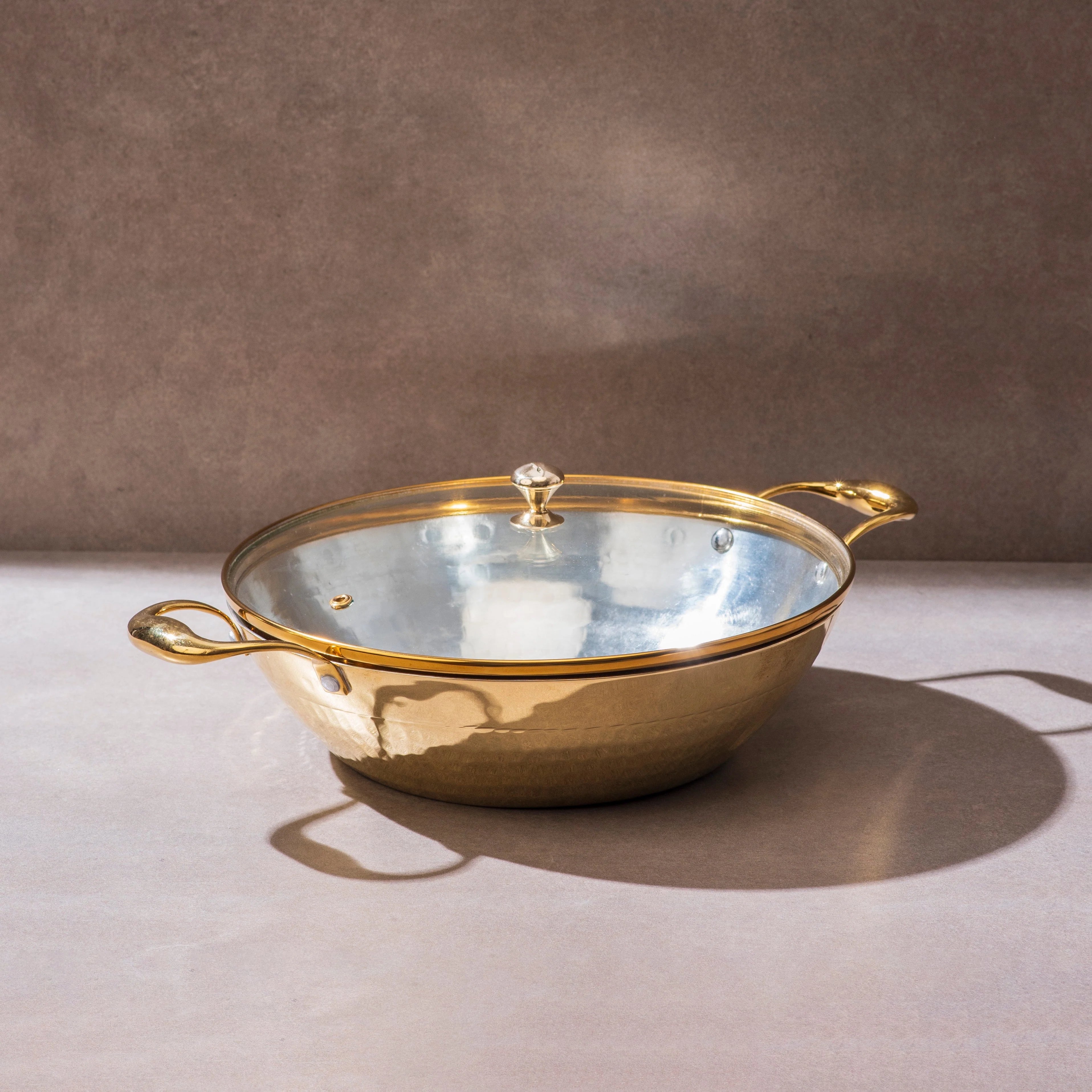Brass Flat Base Wok with Glass lid - Kadhai (Deep & flat bottom cooking/serving utensil - karahi) - Image 9
