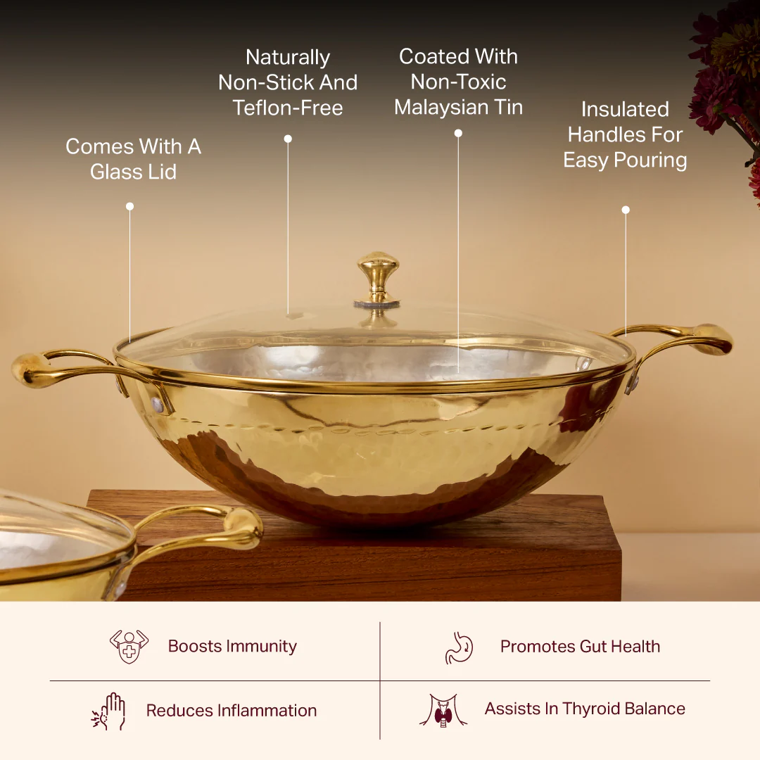 Brass Wok with Glass lid (Circular & Deep cooking/ serving Utensil) - Image 4