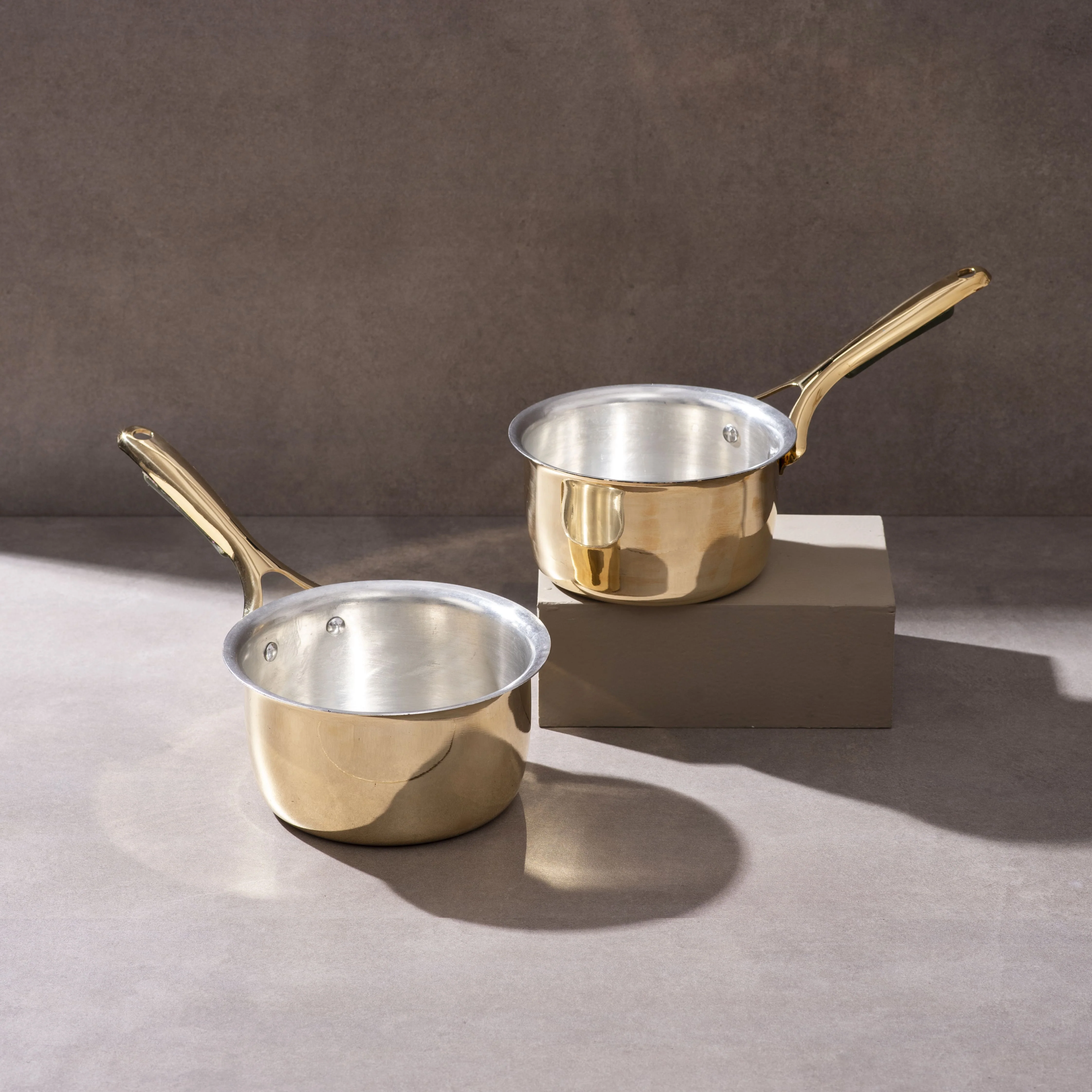 Set of 2 Brass Saucepans with Insulated handles (1.2 QT , 1.9 QT)