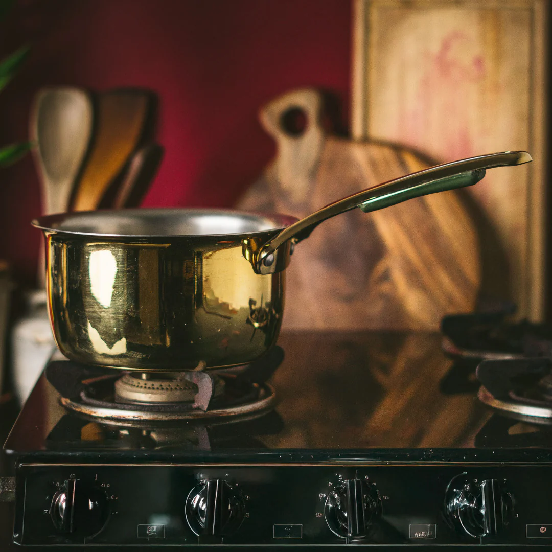 Brass Saucepan with insulated steel base with golden PVD coating handle - Image 11